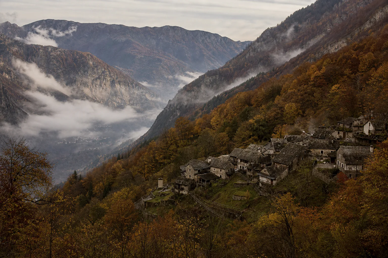 Illustrative AI-generated autumn landscape of a stone village on a wooded mountainside in Centovalli.