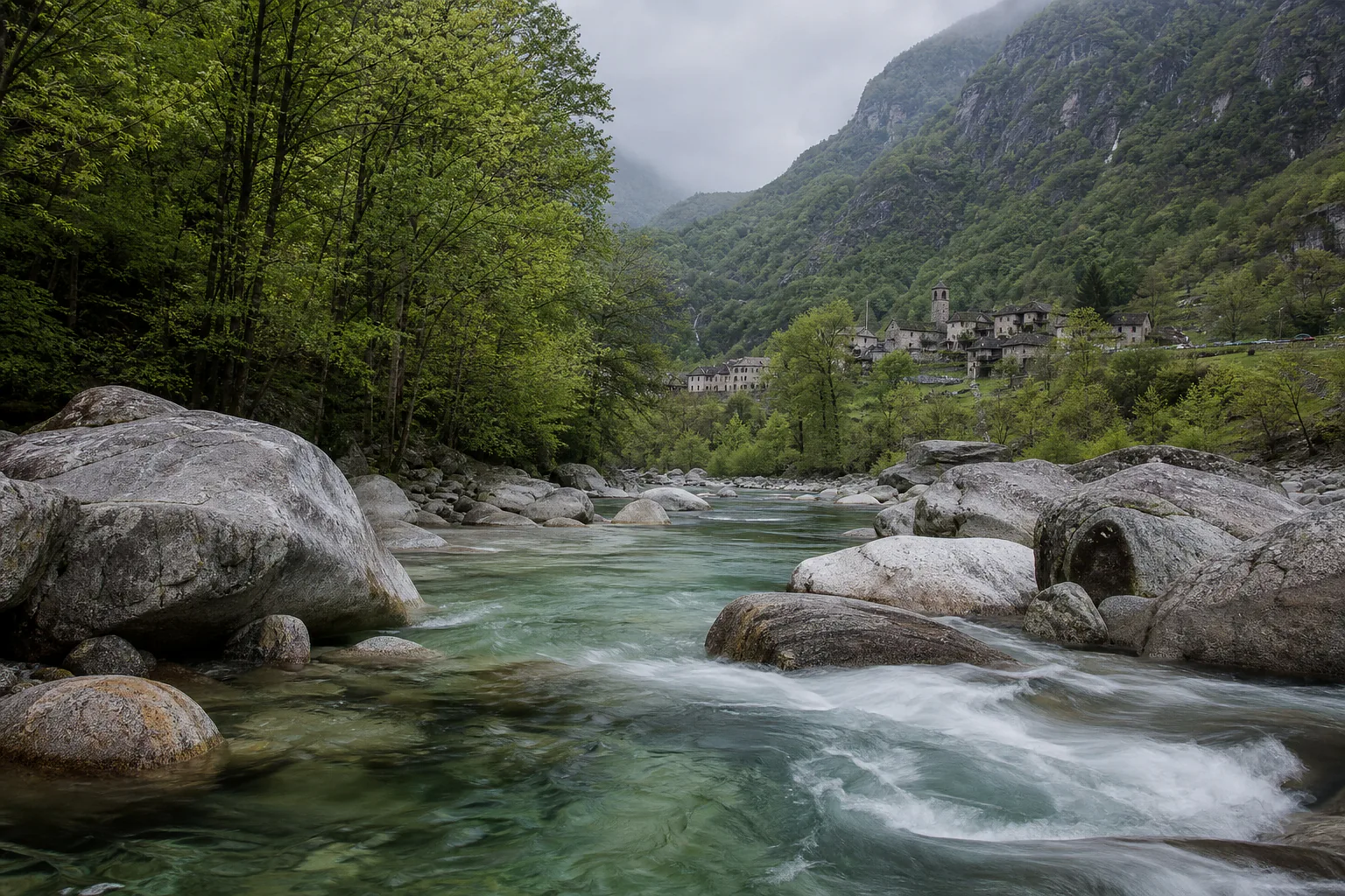 Illustrative AI-generated spring landscape of the clear Verzasca river flowing past granite boulders below a village in Valle Verzasca.