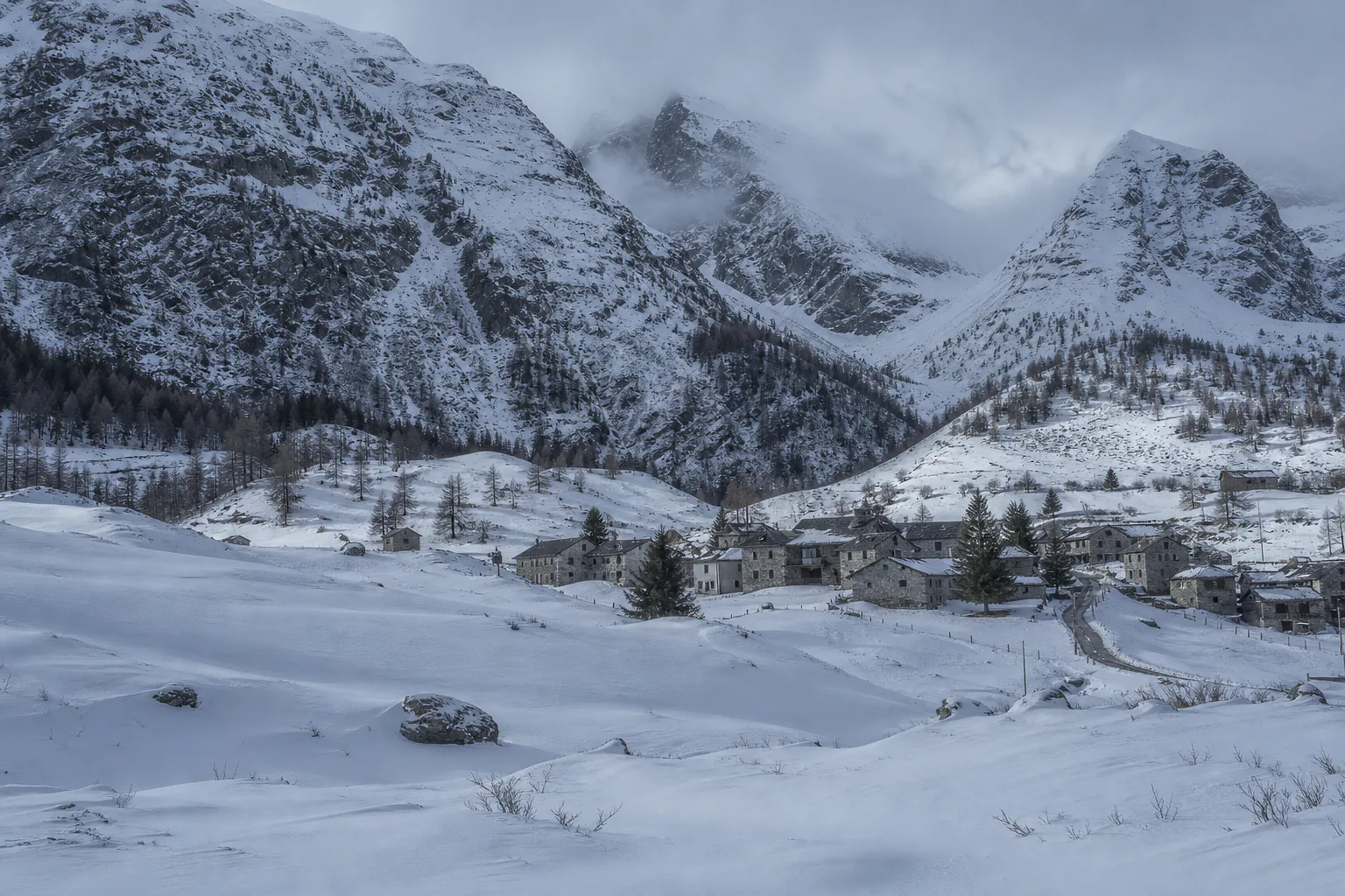 Illustrative AI-generated winter landscape of a snow-covered village and mountain valley in Val Bedretto.