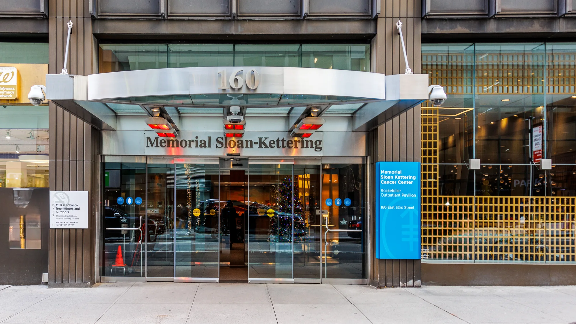 Street-level view of the Memorial Sloan Kettering Rockefeller Outpatient Pavilion entrance in New York, shown as context for one academic center in PCCTC's participating research network, not as a PCCTC-owned facility. Photograph by Kenneth C. Zirkel, cropped from the original, CC BY 4.0.