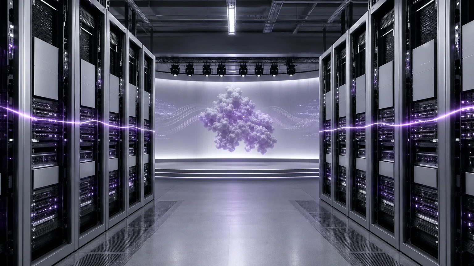 AI-generated editorial image of a cloud-native conference stage with Kubernetes clusters and scientific protein-computing visuals.