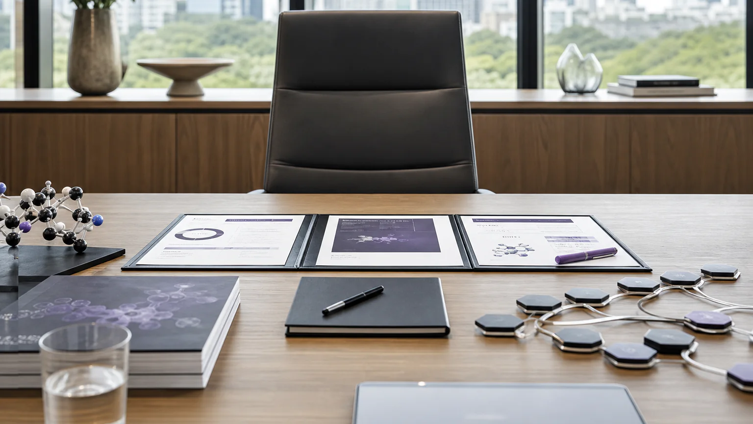 AI-generated editorial image of a biotechnology board advisor guiding partnership strategy around a conference table.
