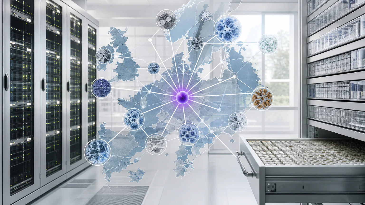 AI-generated editorial image of a European bioinformatics advisory meeting surrounded by connected biological data maps.