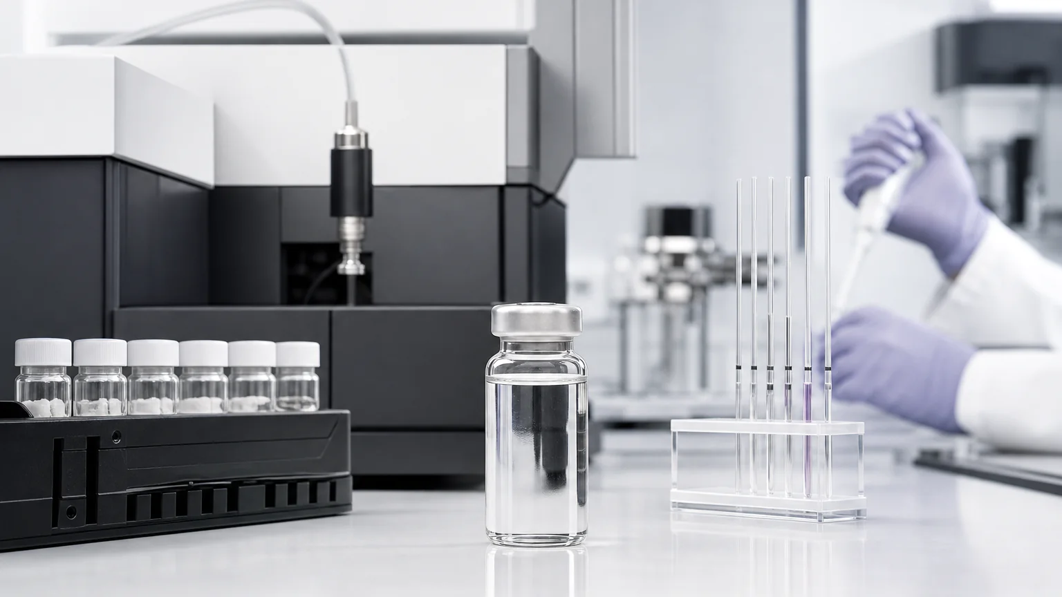 AI-generated editorial image of an experimental biophysics leader examining protein analytics in a modern laboratory.