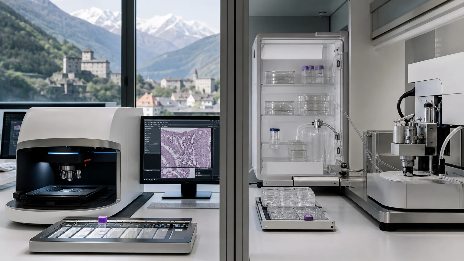 AI-generated editorial image of two oncology research teams examining disordered protein targets in a Bellinzona laboratory.