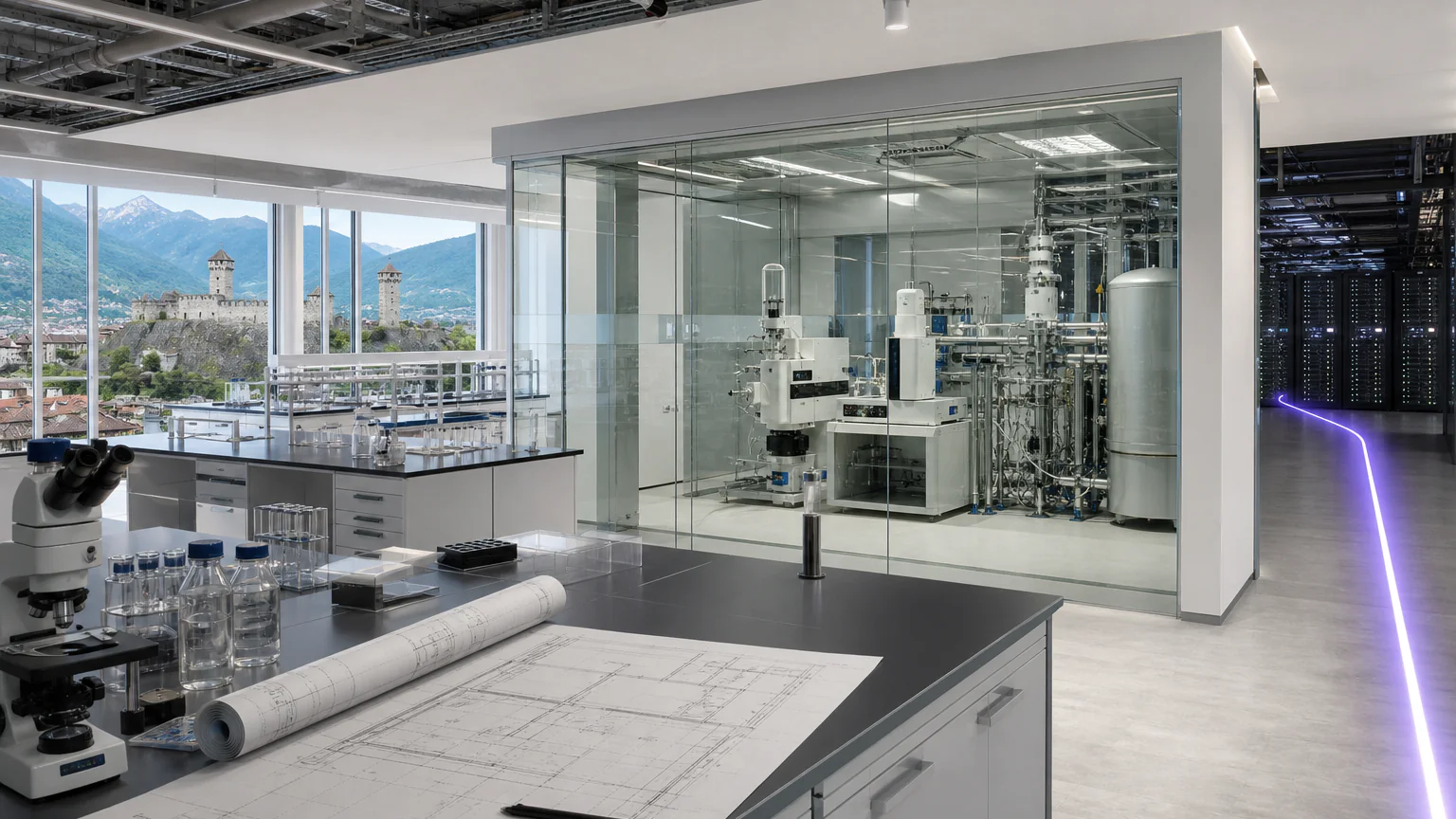 AI-generated editorial image of a biotechnology research expansion linking a molecular laboratory with renewable supercomputing.
