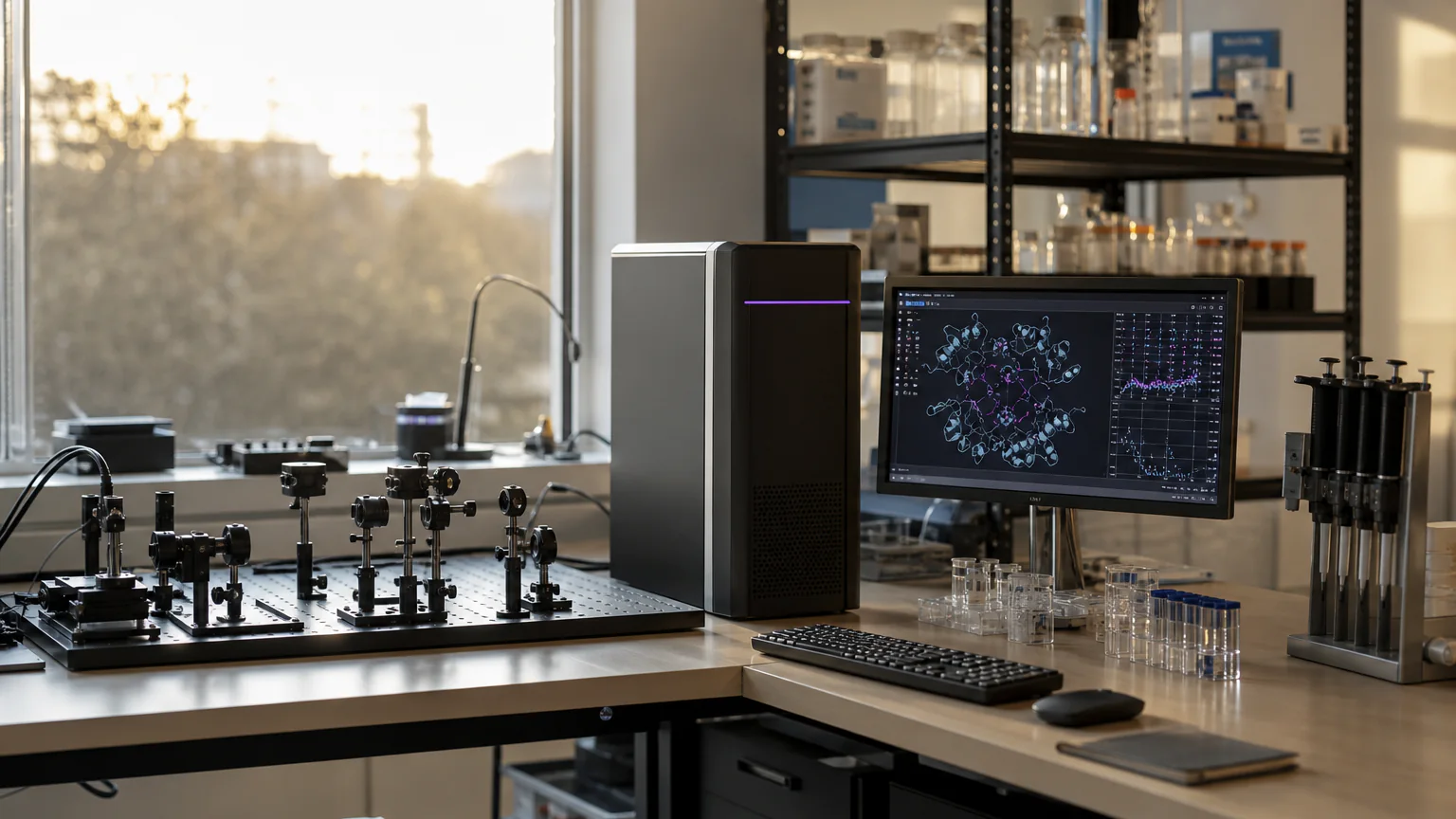 AI-generated editorial image of an early biotechnology team connecting protein research with a new supercomputing hub.