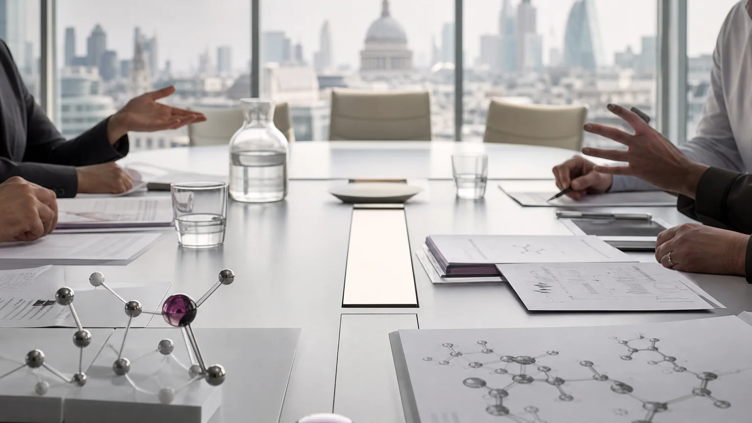 AI-generated editorial image of biomedical advisors reviewing molecular research around a conference table in London.
