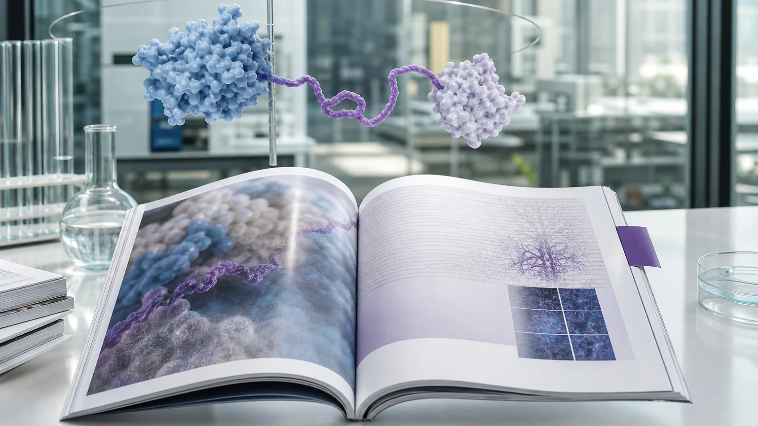 AI-generated editorial image of a biotechnology journal feature beside an intricate dynamic protein model.