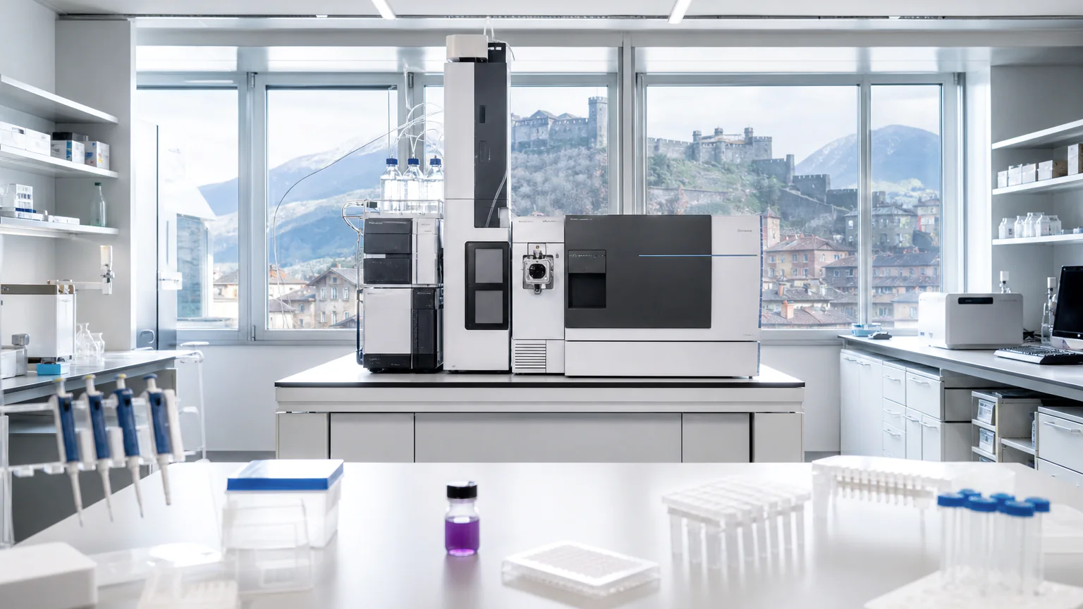 AI-generated editorial image of an advanced biophysics laboratory studying dynamic protein samples in Bellinzona.