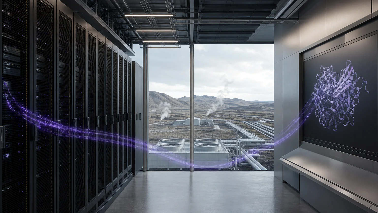 AI-generated editorial image of a GPU data center in Iceland powered by geothermal and hydroelectric energy.