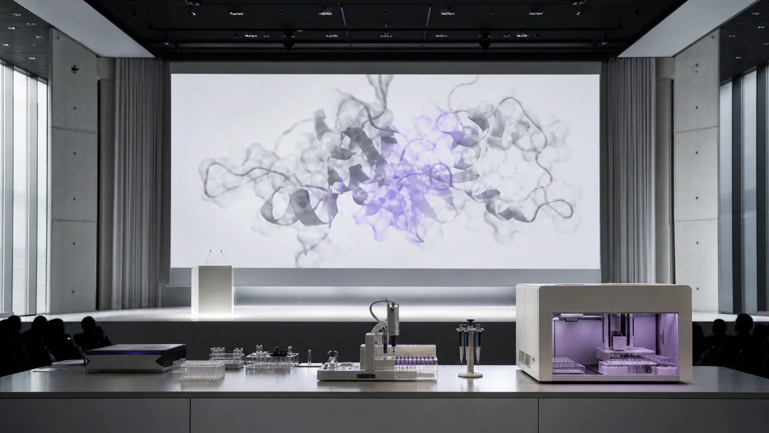 AI-generated editorial image of a biotechnology presentation on a conference stage in Basel.