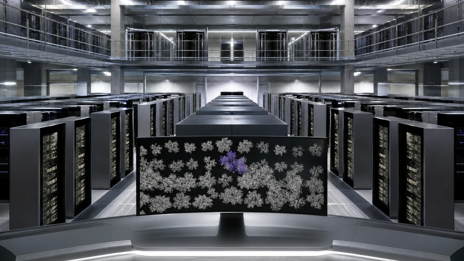 AI-generated editorial image of a GPU supercomputer simulating millions of changing protein conformations.