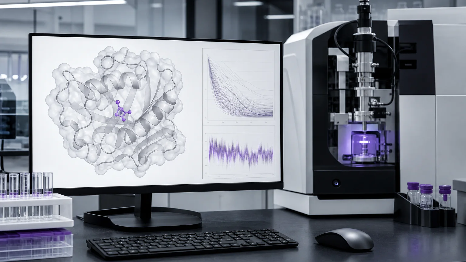 AI-generated editorial image of a protein mutation map being evaluated by a high-performance scientific computing system.