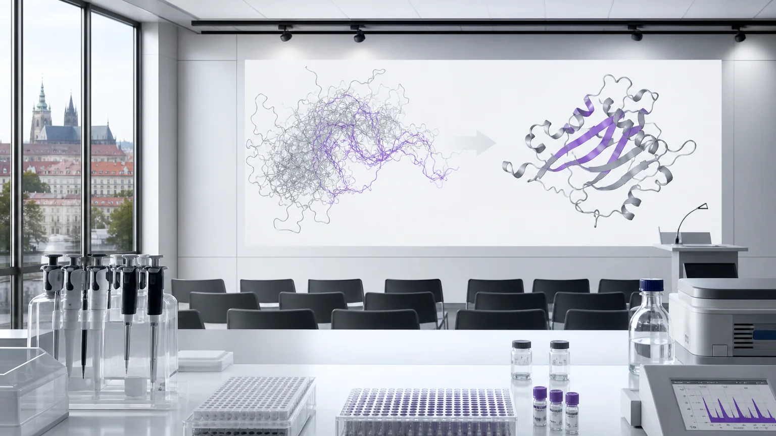 AI-generated editorial image of dynamic cytokine structures projected at a protein science conference in Prague.