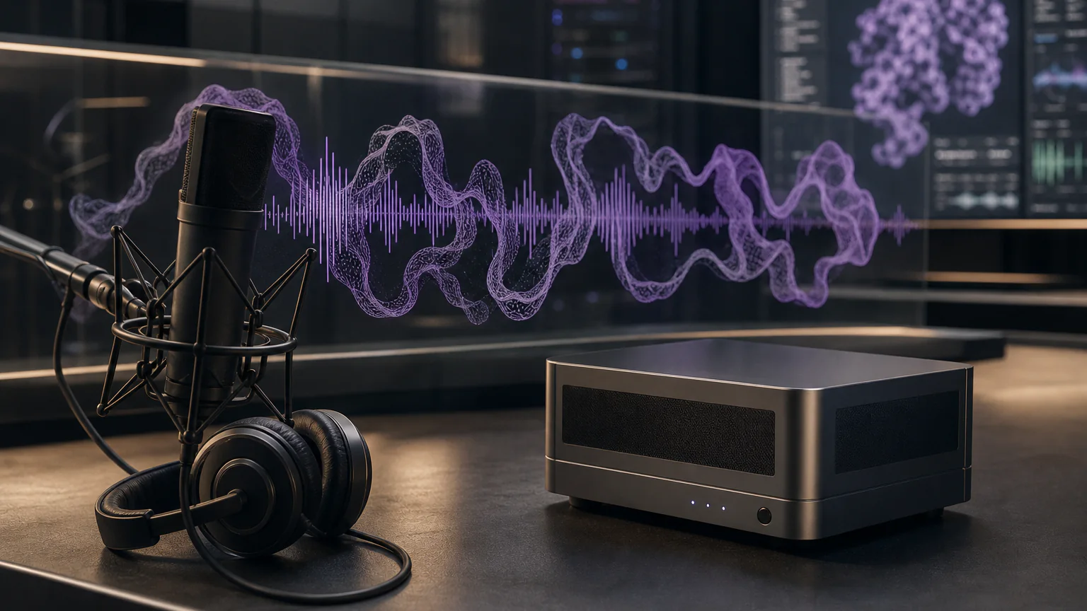 AI-generated editorial image of a deep-technology podcast recording with protein structures and computing graphics.