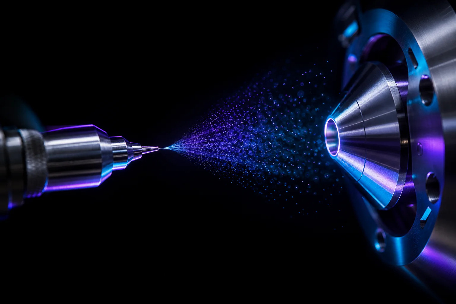 Macro view of a mass spectrometer electrospray ion source: a fine emitter needle releases a charged microdroplet plume toward the sampling cone, lit in violet and cyan