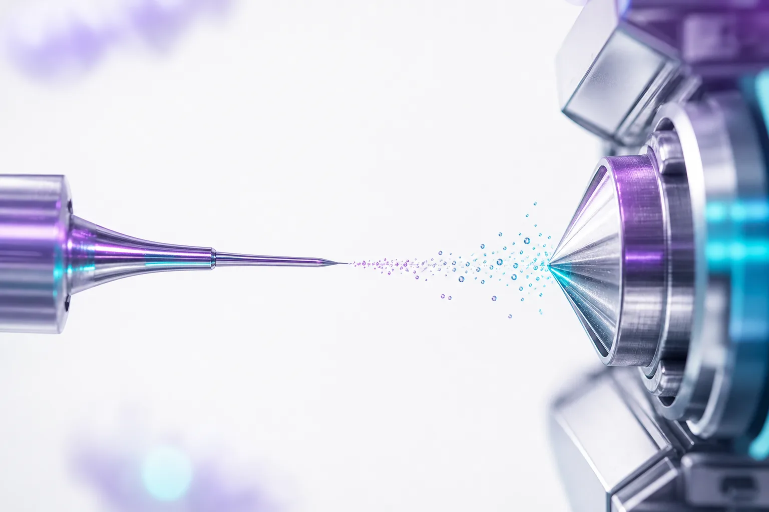 A fine emitter needle releasing a charged microdroplet plume toward a sampling cone, a mass-spectrometry ion source rendered as a high-key macro in violet and cyan on a pale background. Illustrative generated image.