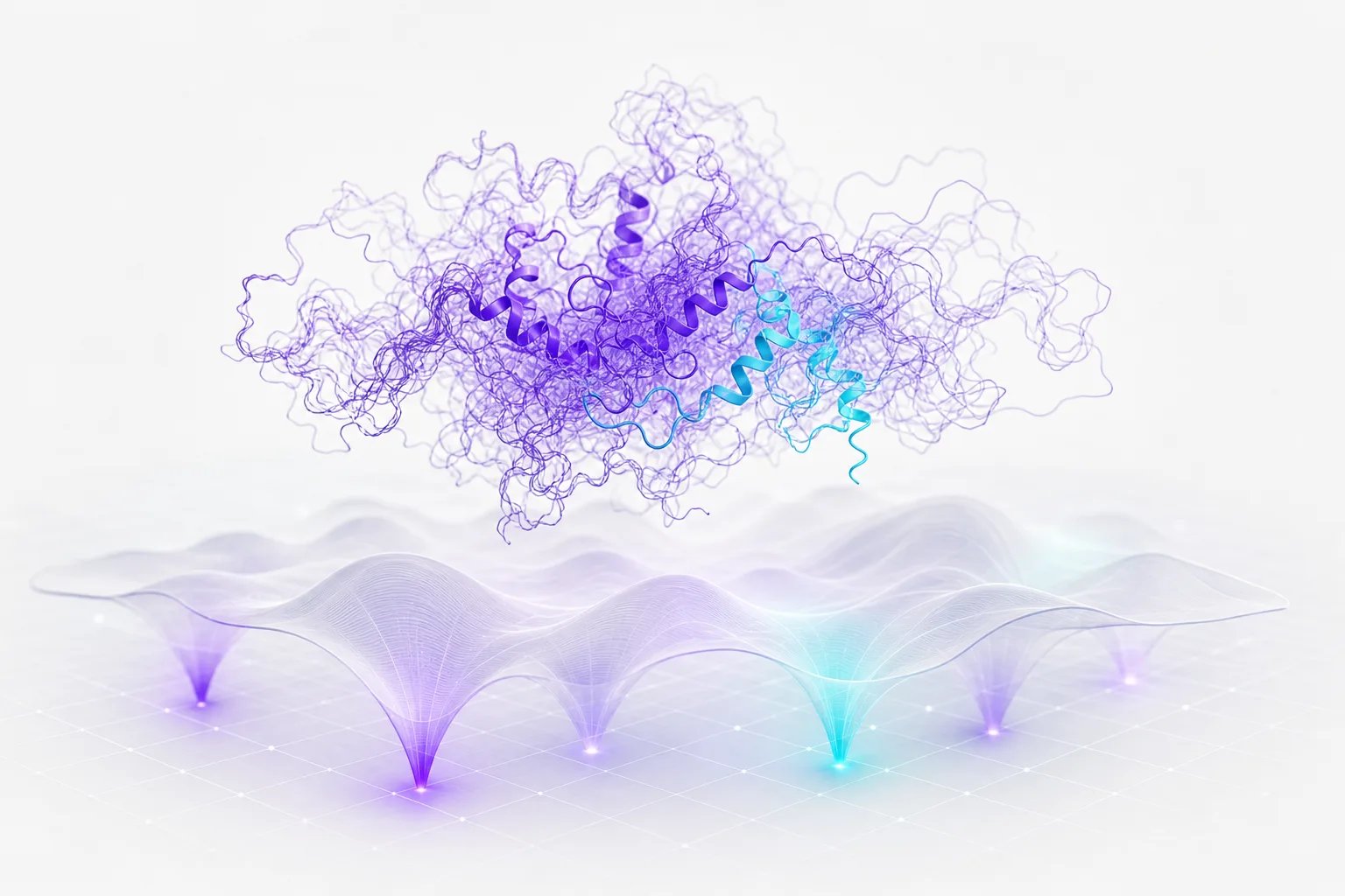 A cloud of overlaid protein conformers hovering above a faint free-energy landscape and a subtle compute grid, rendered in violet and cyan on a pale background. Illustrative generated image.