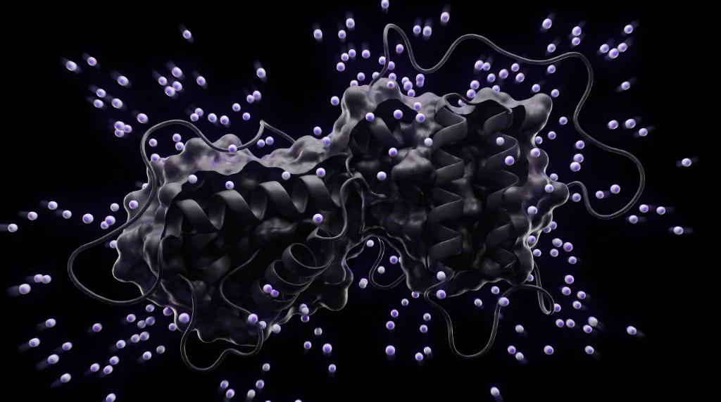 Illustrative molecular rendering of deuterium particles approaching a disordered protein in solution.