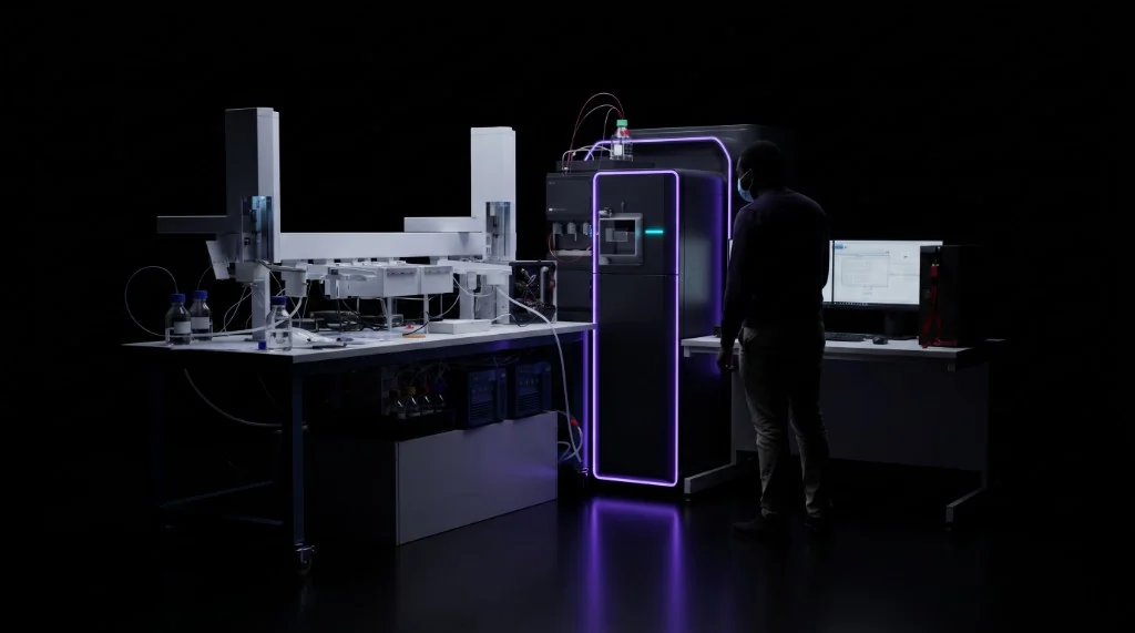 Peptone's integrated HDX-MS development system in a dark laboratory, with automated sample handling, an illuminated instrument enclosure, and a scientist at the control station.