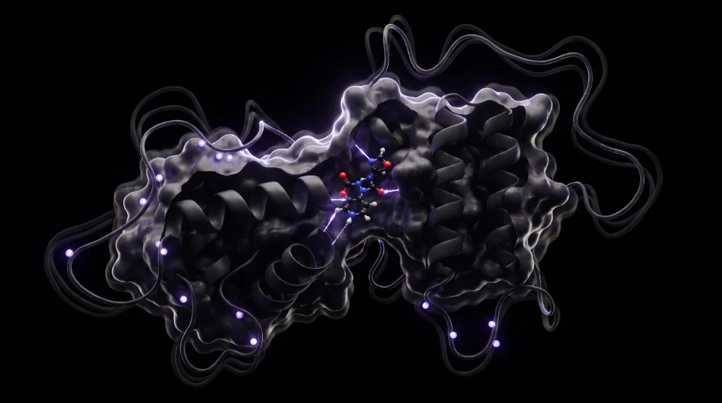 Illustrative molecular rendering of a transient ligand-binding pocket with only a few protected sites remaining visible.