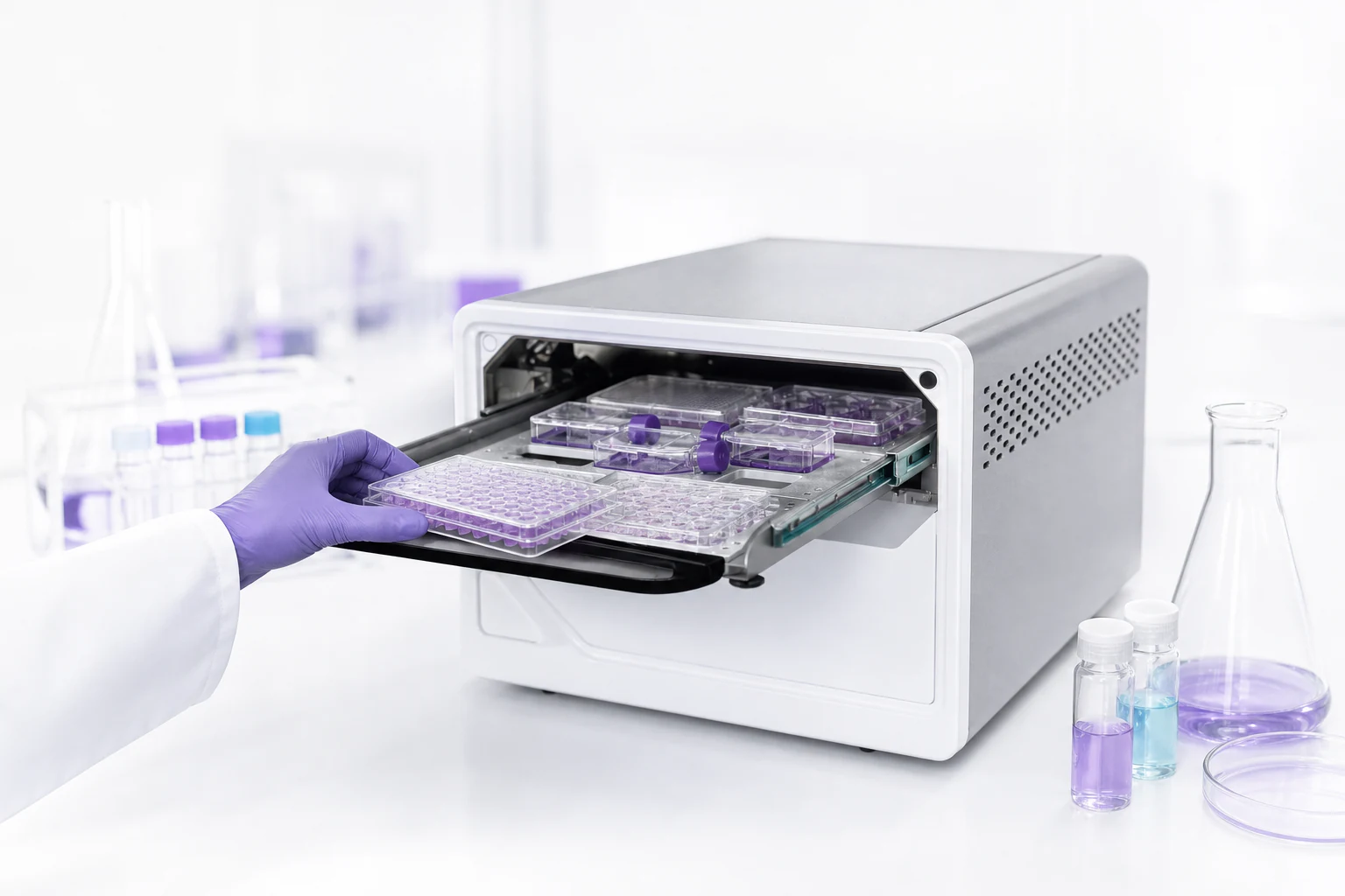 A gloved scientist loading multiwell plates into an Incucyte live-cell analysis instrument in a bright laboratory.